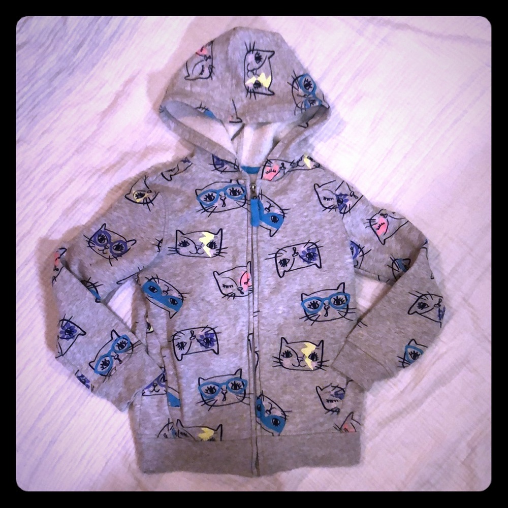 Grey Cat Print Zip-Front Hoodie Size 6/6X